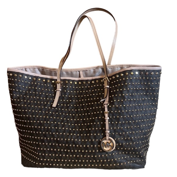 Michael Kors Handbags - Michael Kors Logo Limited Edition Jet Set Travel Gold Studded Large Tote